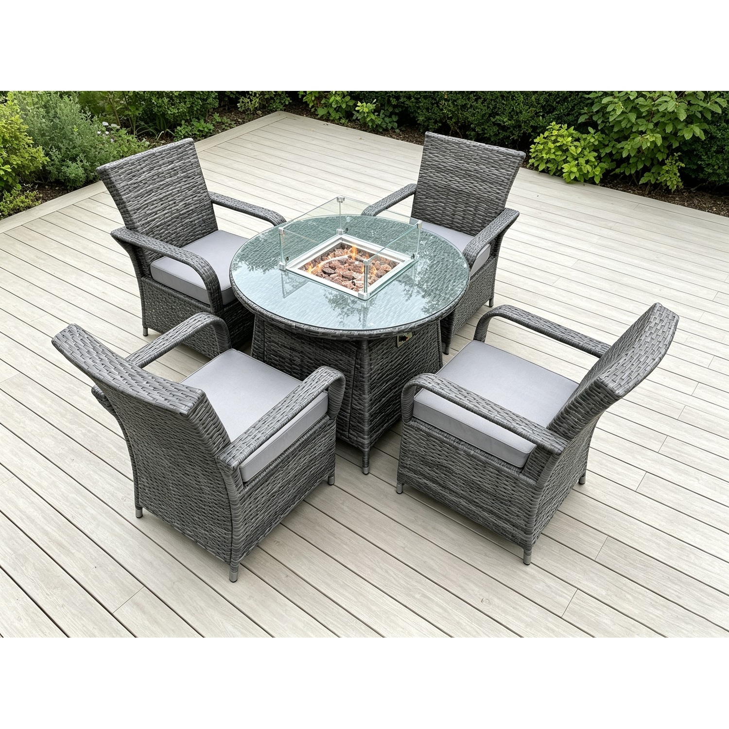 Rackhams Dark/Grey Rattan Garden Furniture Gas Fire Pit Round Dining Table Set Gas Heater And Dining Chairs 4 Seater - Image 2