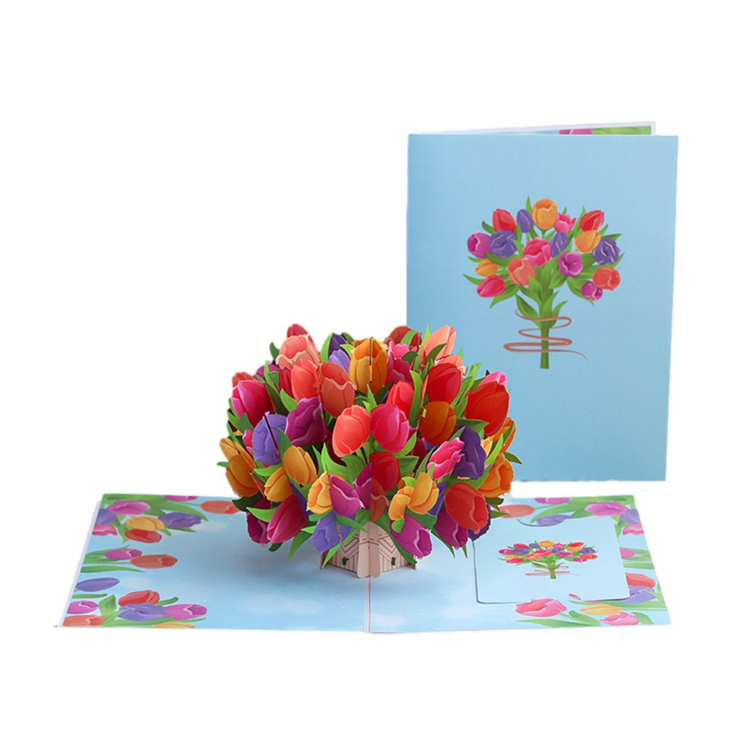 Brightfeel Colorful Tulip Bouquet Blue 3D Pop Up Greeting Card - White