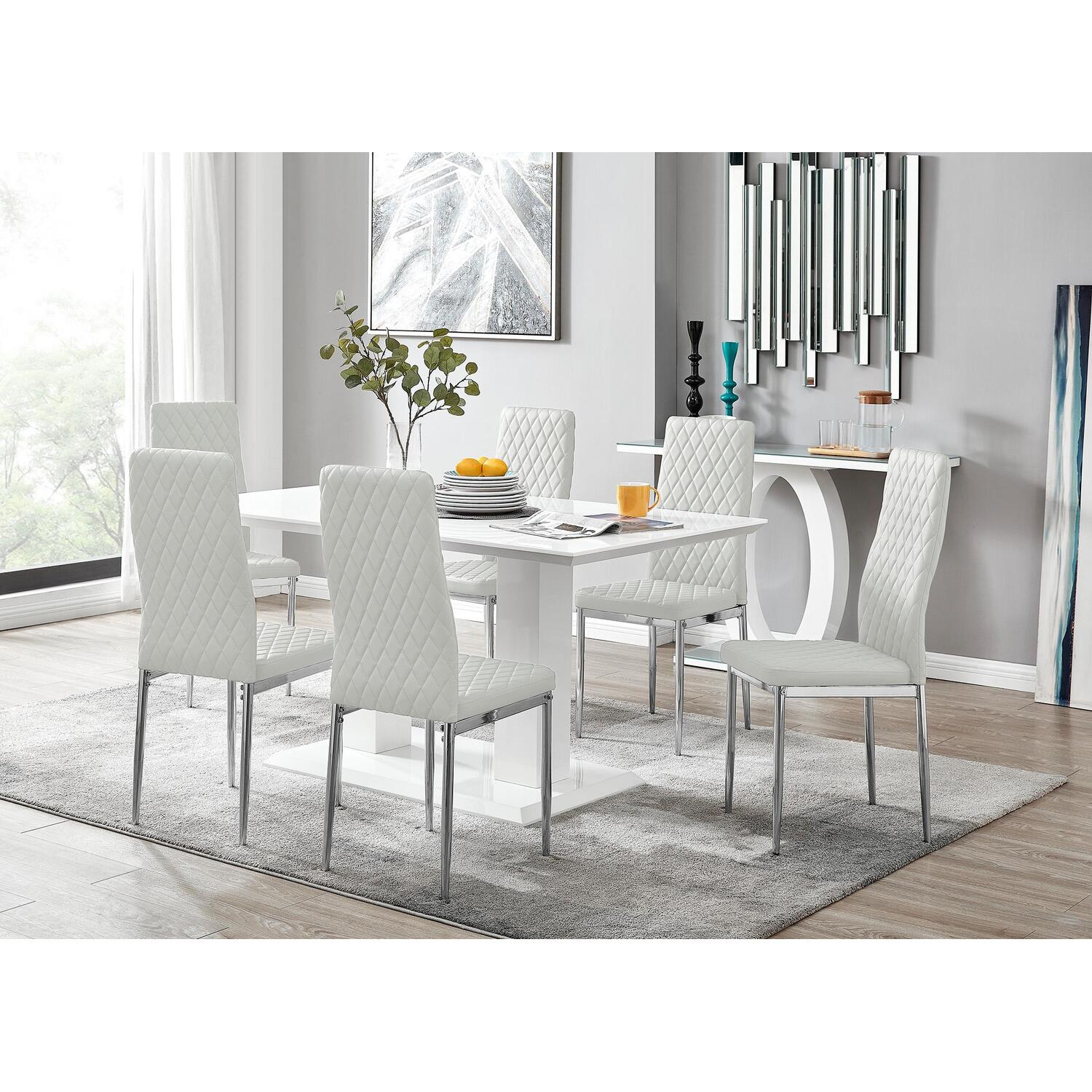 Furniturebox Molini Valera 6 Seater Dining Set - White Gloss and Chrome - Modern Design - Image 2