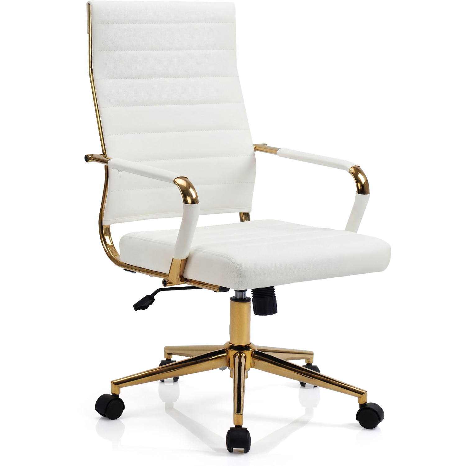 Costway White And Gold Ribbed Leather Swivel Office Chair With Wheels - White