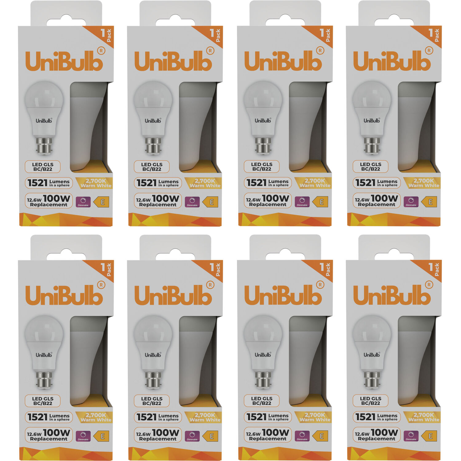 Unibulb Led Gls B22 Bc 1521Lm 12.6W Replaces 100W 2700K Warm White Dimmable Light Bulb - Pack Of 8 - Warm White