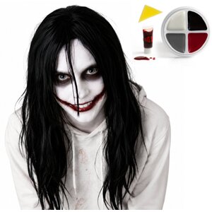 Adult Halloween Psycho Killer Fancy Dress Set - Long Black Wig & Face Paint Pot with Blood
