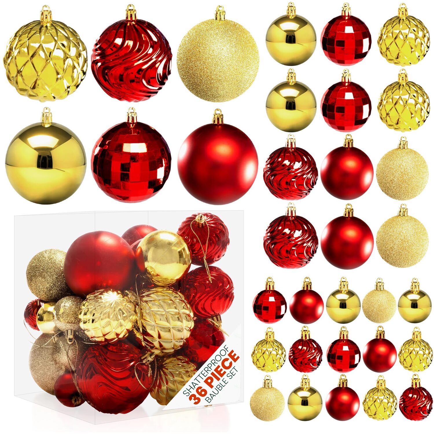 Pelle & Sol Red, Gold 36-Piece Christmas Decorations Bauble Set - Shatterproof Christmas Tree Decorations - Glitter, Disco Ball, Swirl Designs - Christmas Baubles In Assorted Sizes - Image 2
