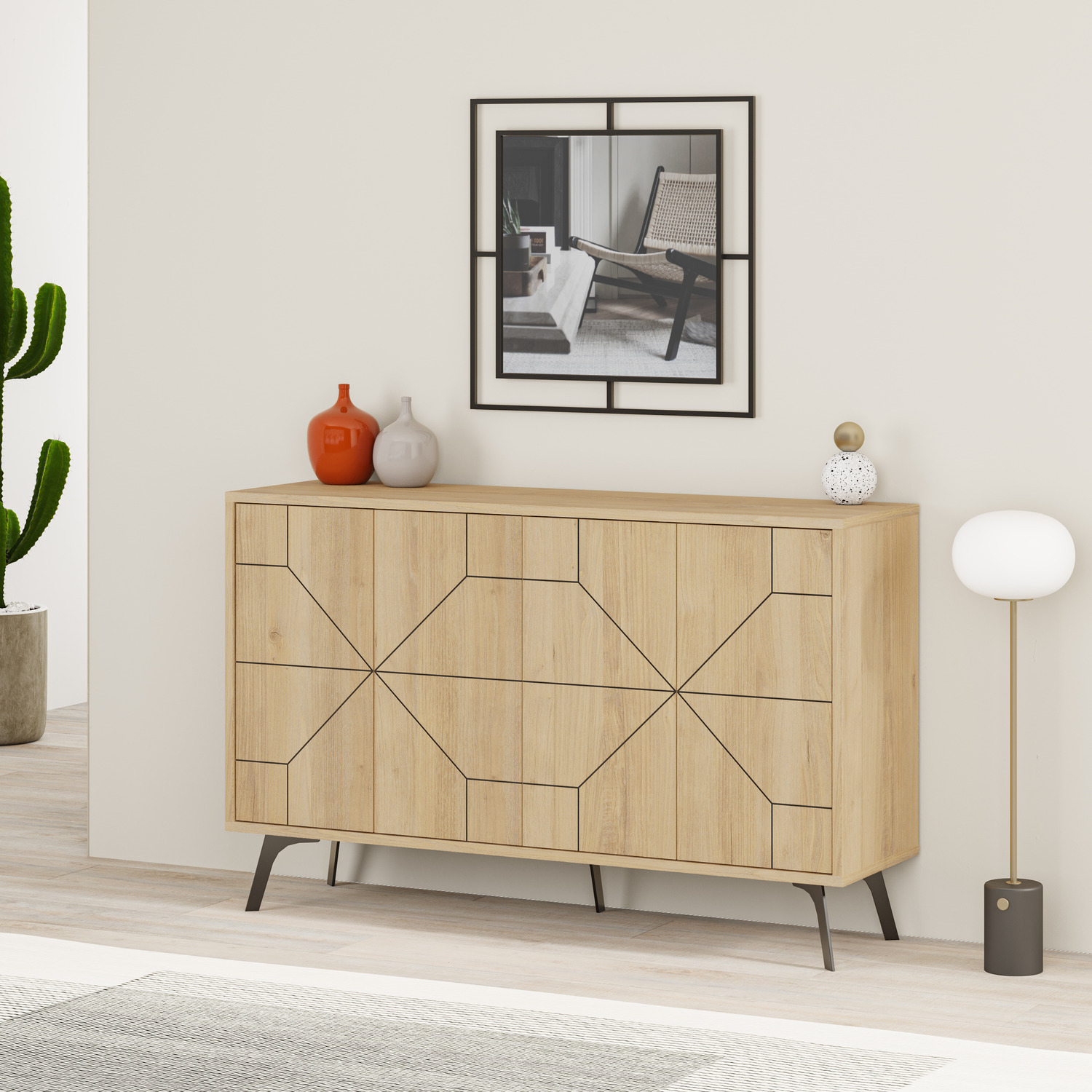 Decortie Sideboard Medium 123x77.4cm 4 Door Storage Cabinet - Particleboard Oak, Cream - Image 2