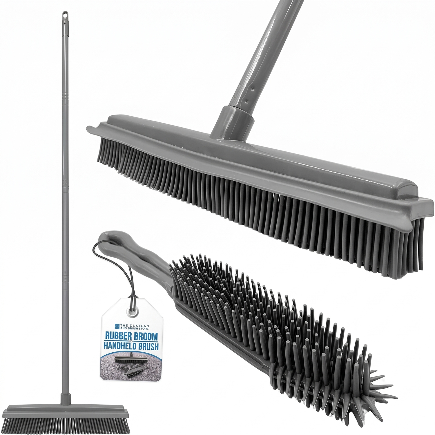 Tdbs The Dustpan And Brush Store Grey Rubber Broom And Rubber Hand Brush Set − Soft Broom Indoor, Carpet Sweeper And Pet Hair Remover With 31Cm Rubber Brush Head And 120Cm 4-Section Metal Handle, Comes With A Carpet Brush - Image 3