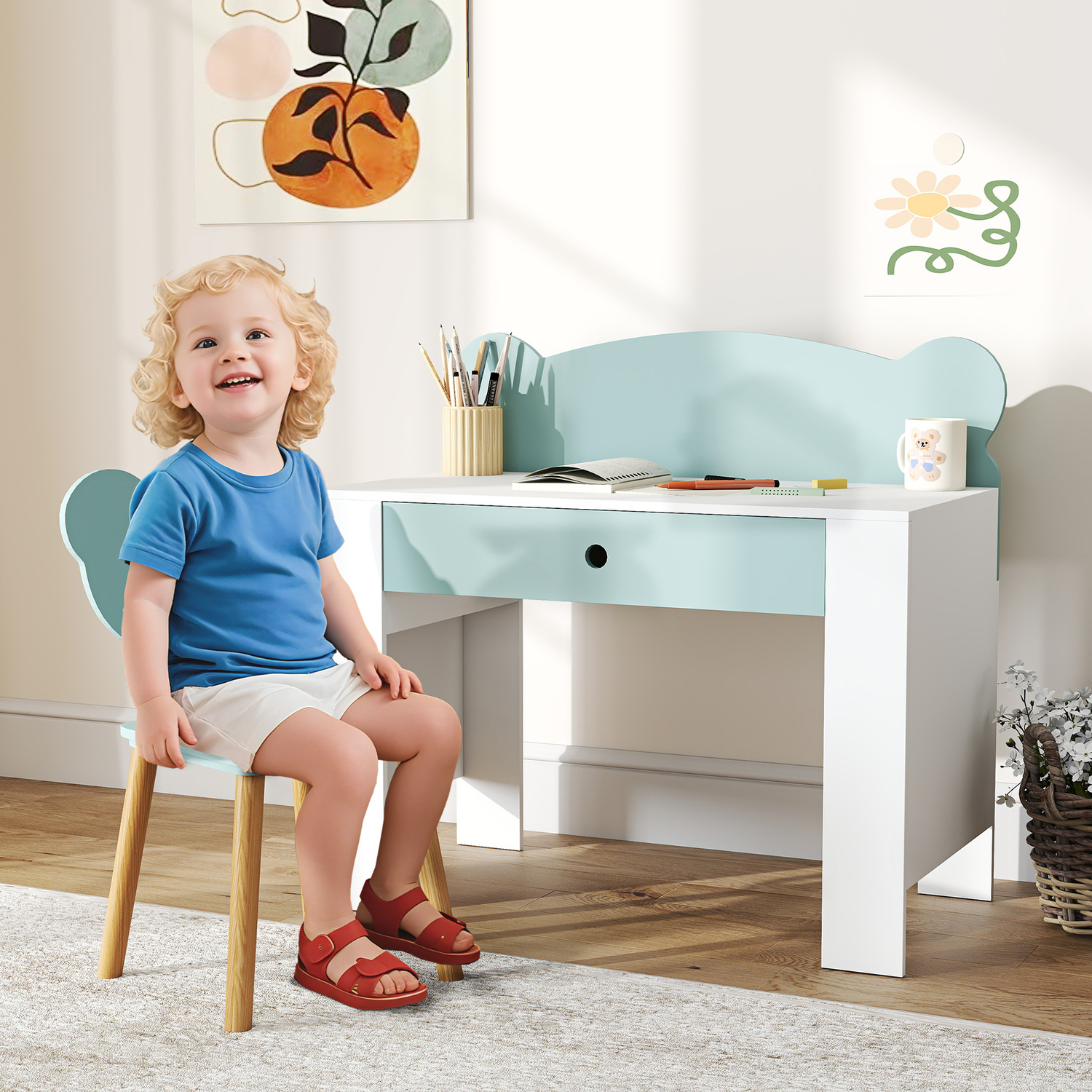 Aiyaplay Kids Desk And Chair Set, Children Writing Table With Drawer - Green
