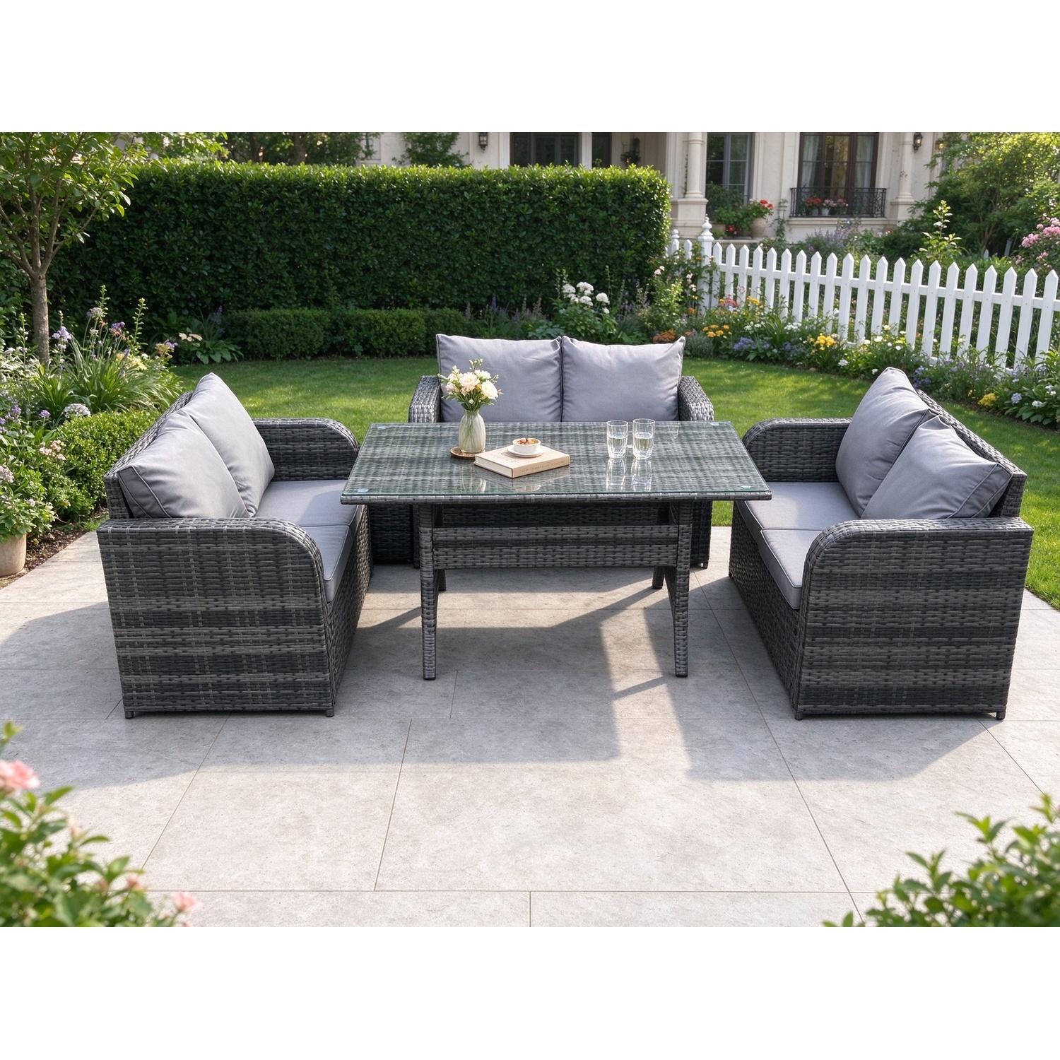 Fimous Dark/Grey Wicker Pe Rattan Sofa Outdoor Garden Furniture Set With Rectangular Dining Table Mixed - Image 2