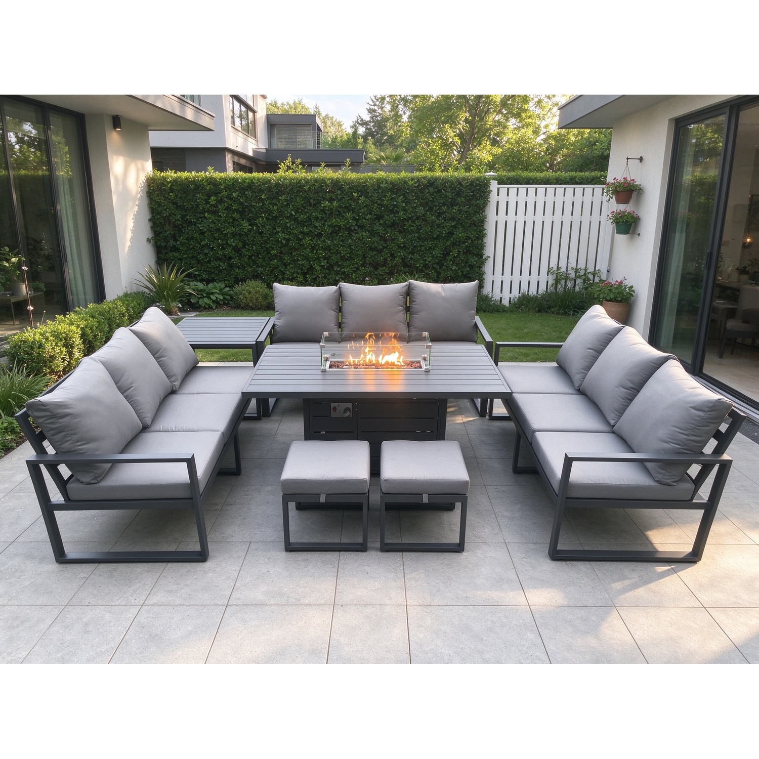 Fimous Unisex Dark Grey Aluminium 11 Seater Garden Furniture Outdoor Set Patio Lounge Sofa Gas Fire Pit Dining Table Set With 2 Footstools Side Table Small - Image 2