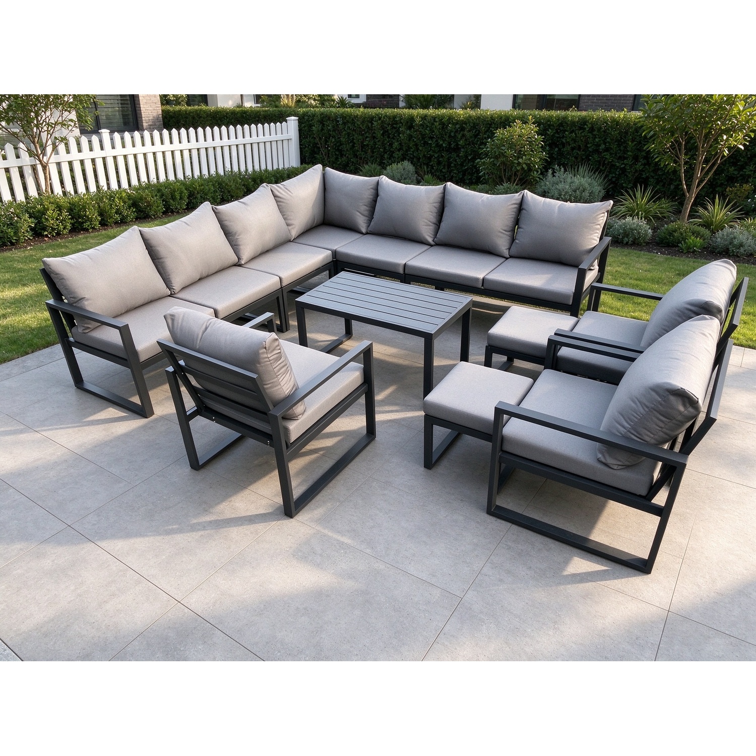 Fimous Unisex Dark Grey Aluminium Outdoor Garden Furniture Set Lounge Corner Sofa 3 Pcs Chair Oblong Coffee Table Sets With 2 Footstools Small - Image 2