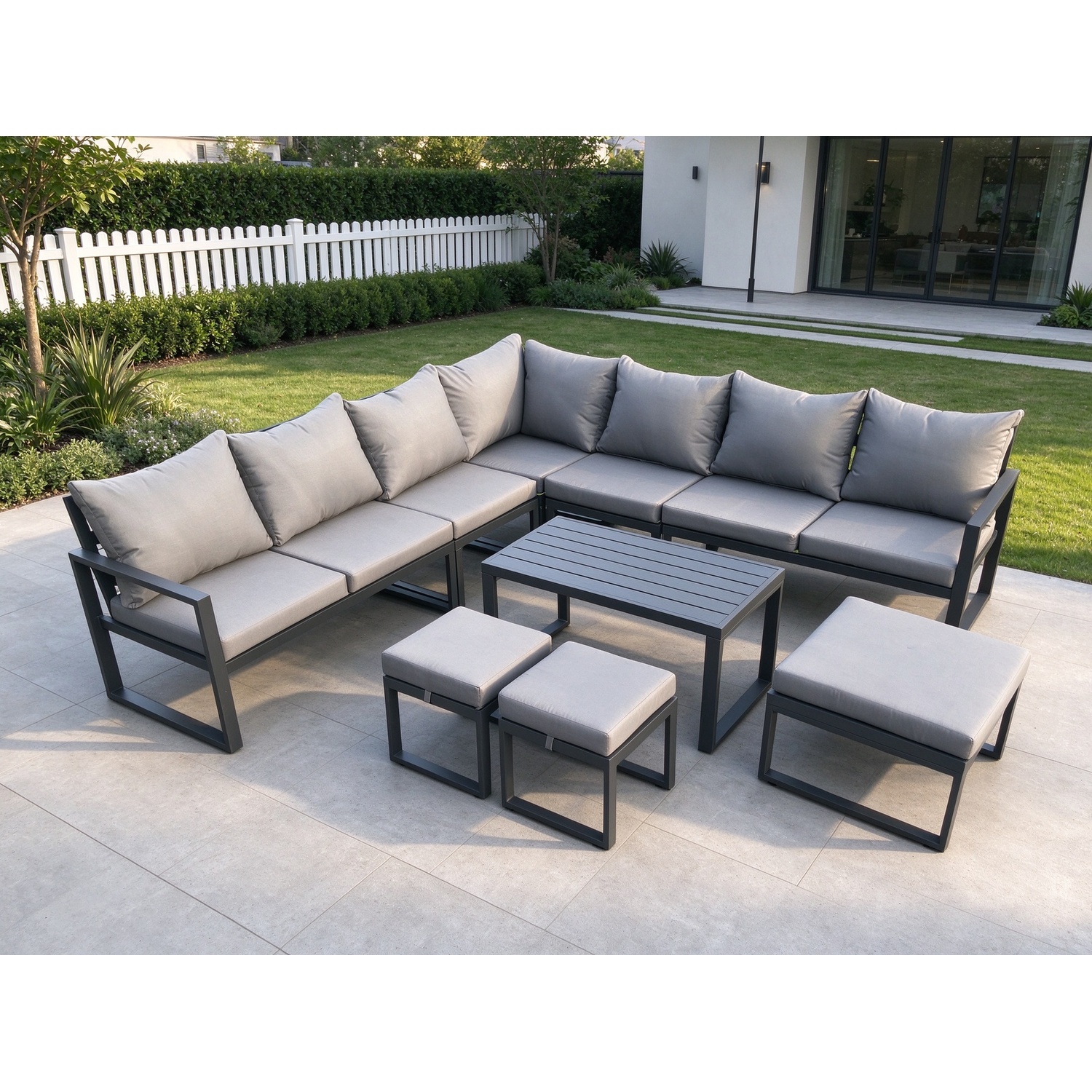 Fimous Unisex Dark Grey Aluminium Outdoor Garden Furniture Set Lounge Corner Sofa Oblong Coffee Table Sets With Footstools Size 3 - Image 2