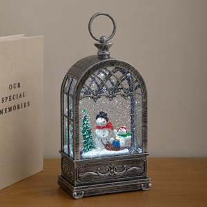 26cm Silver Christmas Water Spinner with Snowmen and LED Light