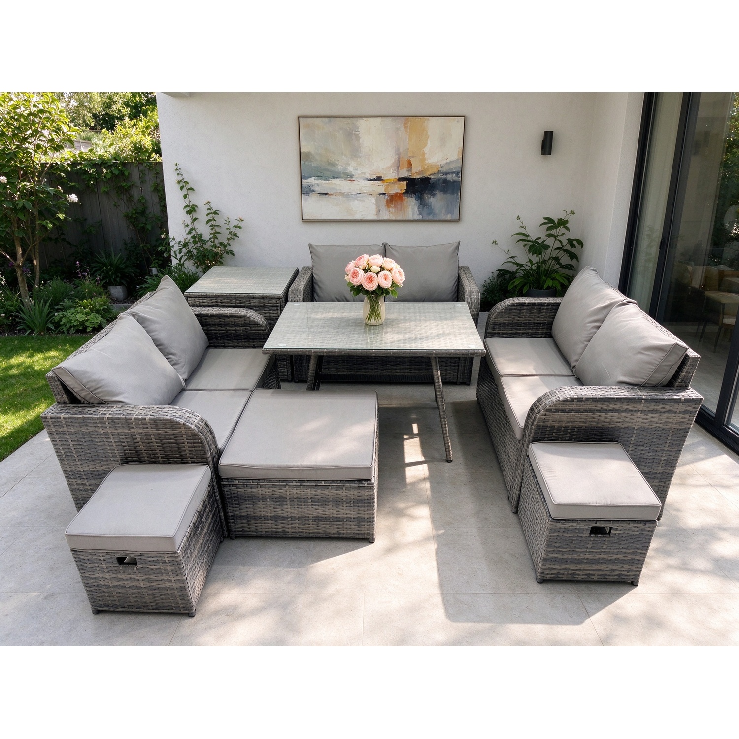 B&Q - Outdoor Rattan Garden Furniture Set 9 Seater Patio Love Sofa Set With Rectangular Dining Table 3 Footstools Side Table - Image 2