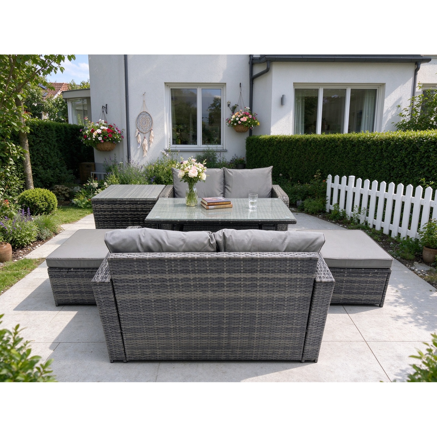 Fimous Dark/Grey Garden Furniture Sets 6 Seater Rattan Furniture Manual Wicker Patio Sofa Patio Conversation Set With 2 Big Footstool Side Table Mixed - Image 2