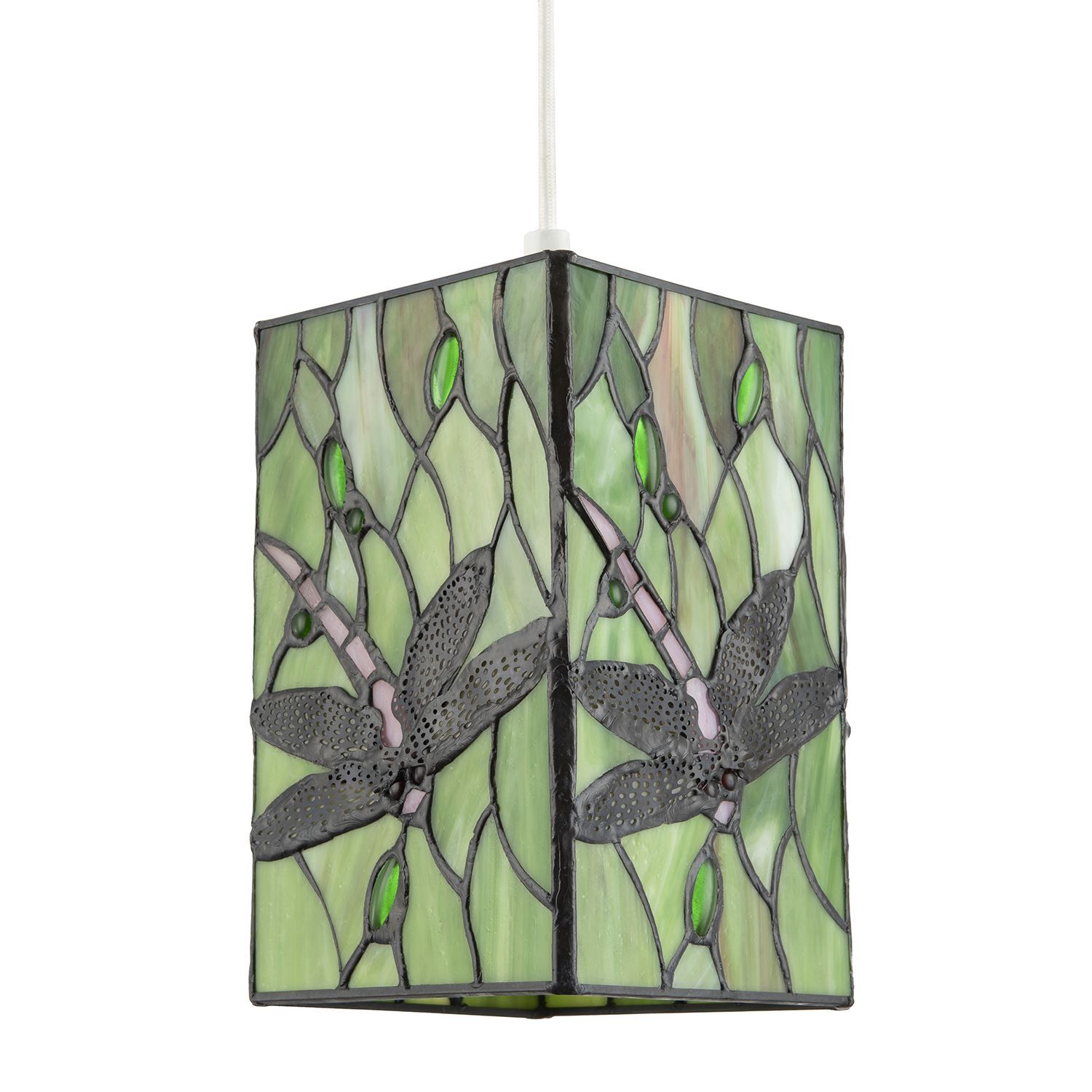 Traditional Green Stained Glass Dragonfly Rectangular Tiffany Pendant Light Shade | 20cm x 13cm | Oval and Round Beads by Happy Homewares - Image 2
