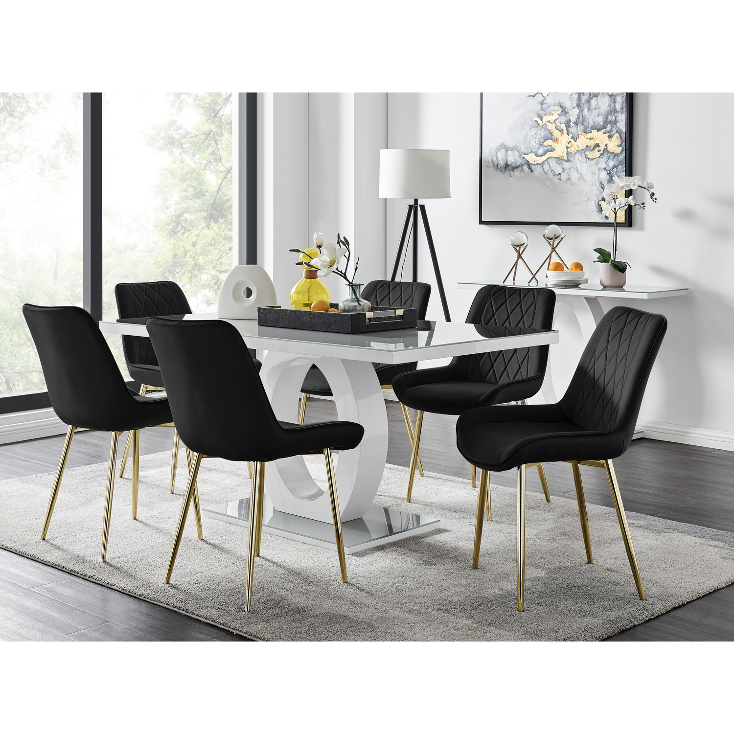 Giovani Grey Dining Table with Six Pesaro Gold Leg Chairs - Black thumbnail