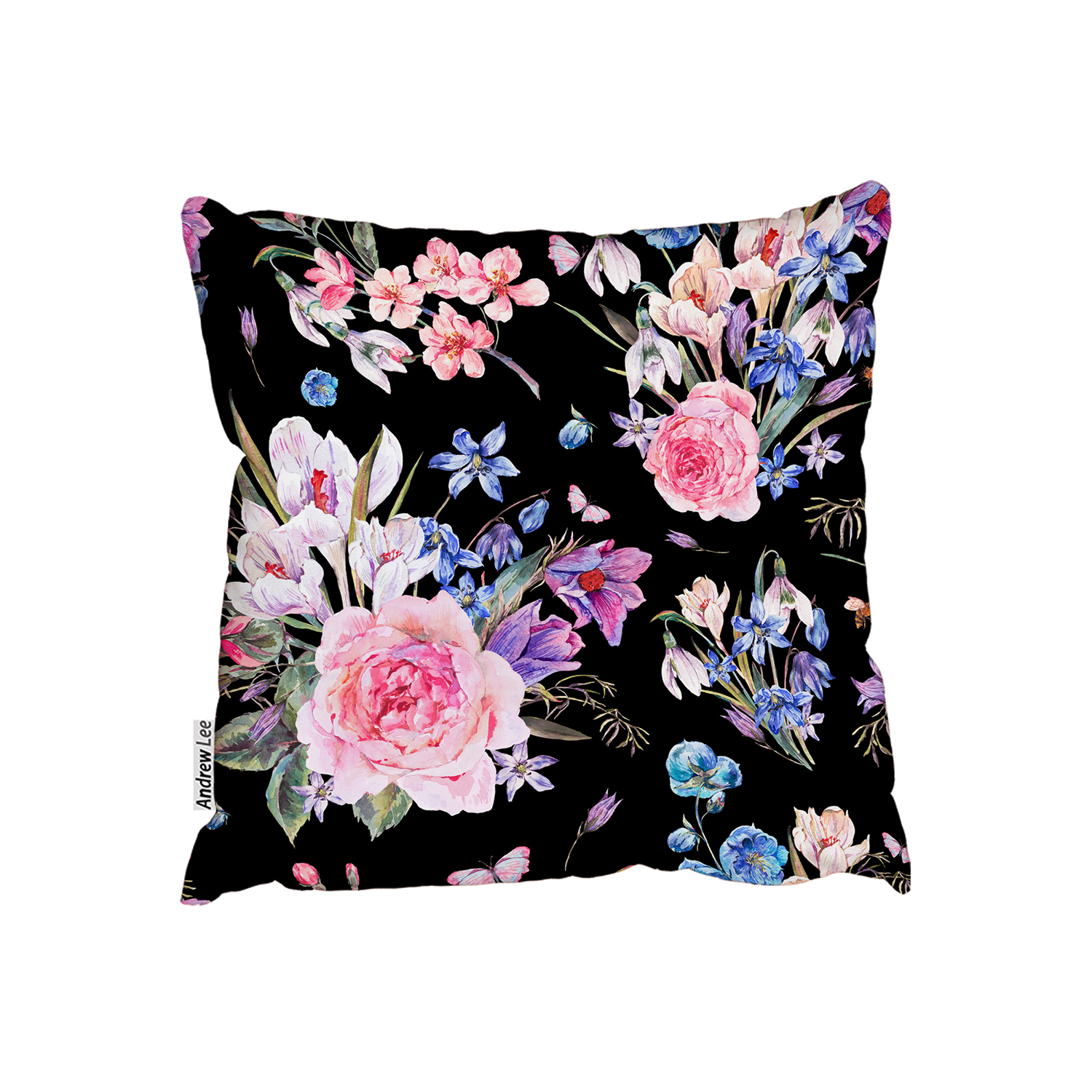 Pink Roses, Blue Wildflowers Cushion - Pink / 60cm
