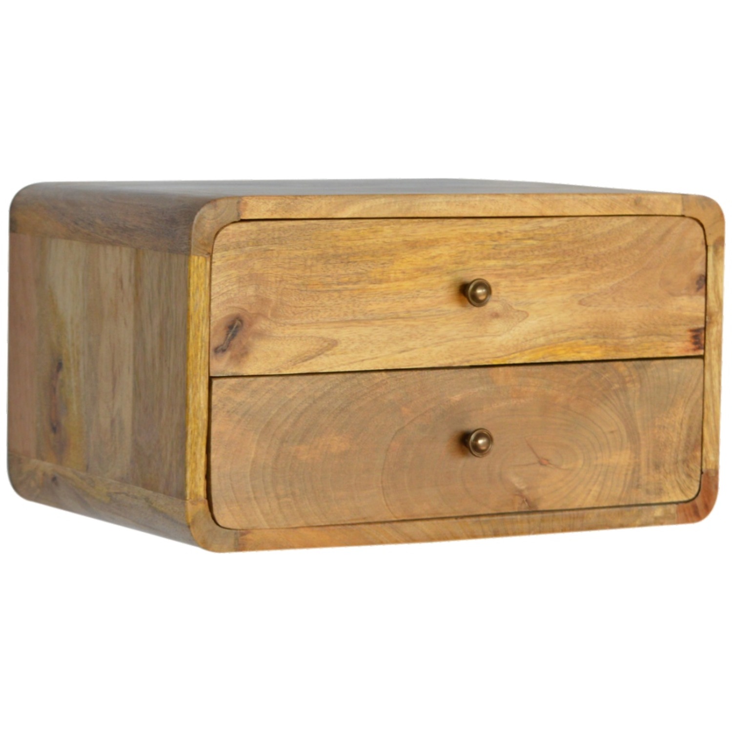 2 Drawer Curved Wall Mounted Oak-ish Mango Wood Bedside Table - Brown