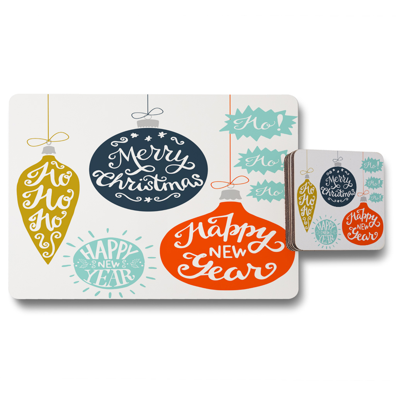 Vintage Christmas Baubles With Merry Christmas Dining Placemat  Coaster Set - White