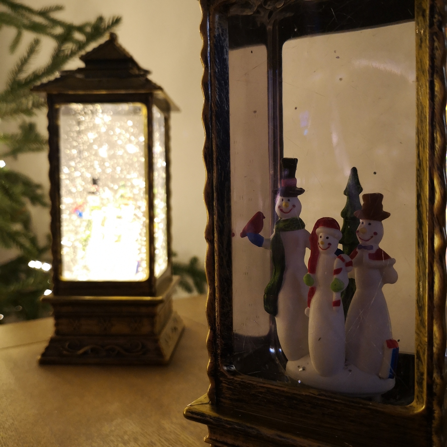 Warm White LED Glitter Water Spinner Oblong Lantern - Brown / Snowman