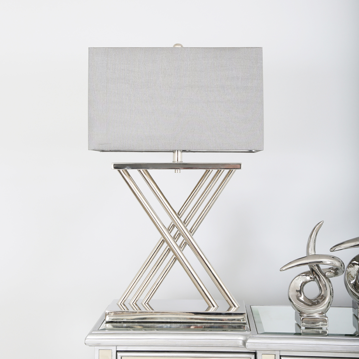 Vanity Living - X-Design Table Lamp with White Linen Shade - Grey and Silver thumbnail