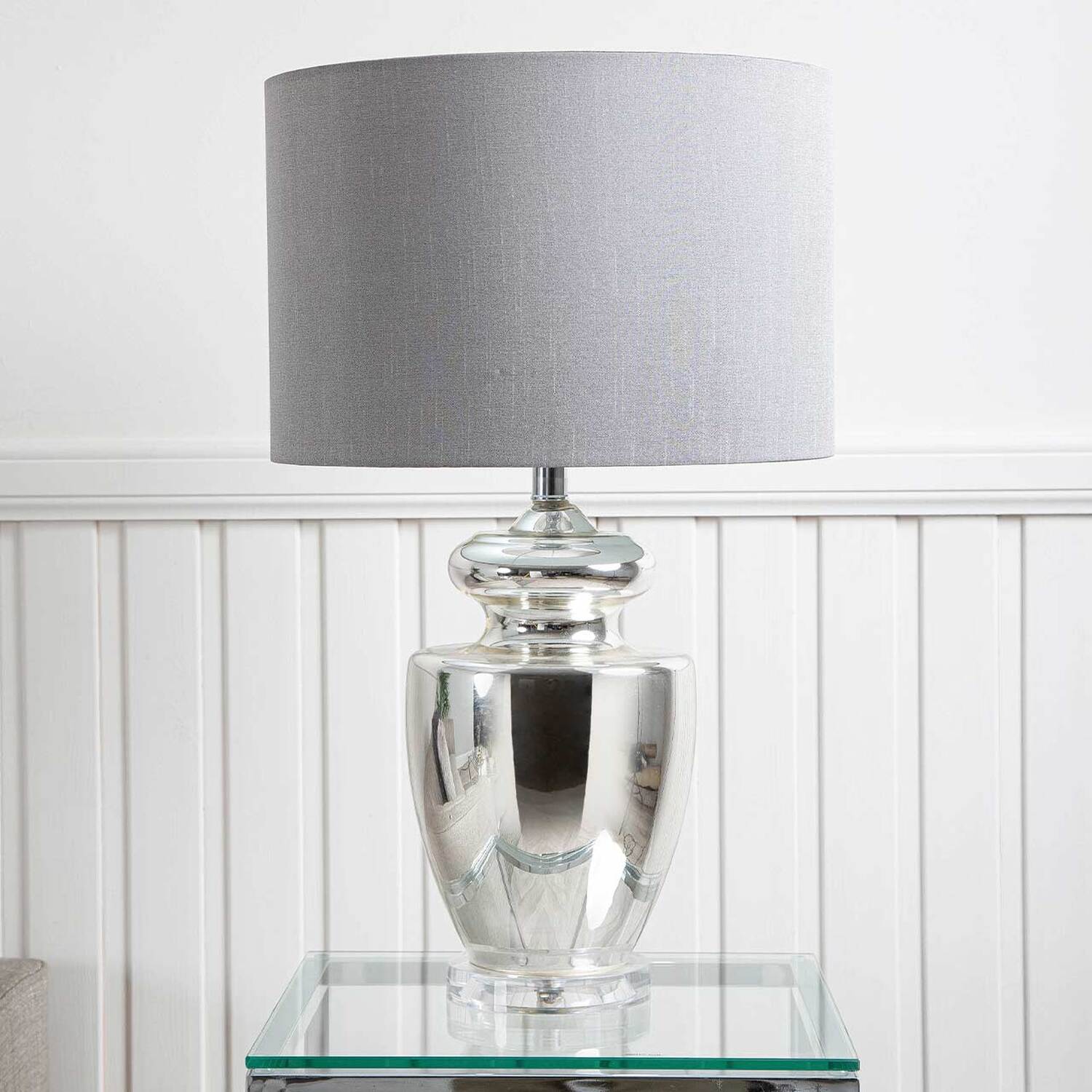 Vanity Living - Chrome Glass Table Lamp with Grey Drum Shaped Shade - Grey thumbnail