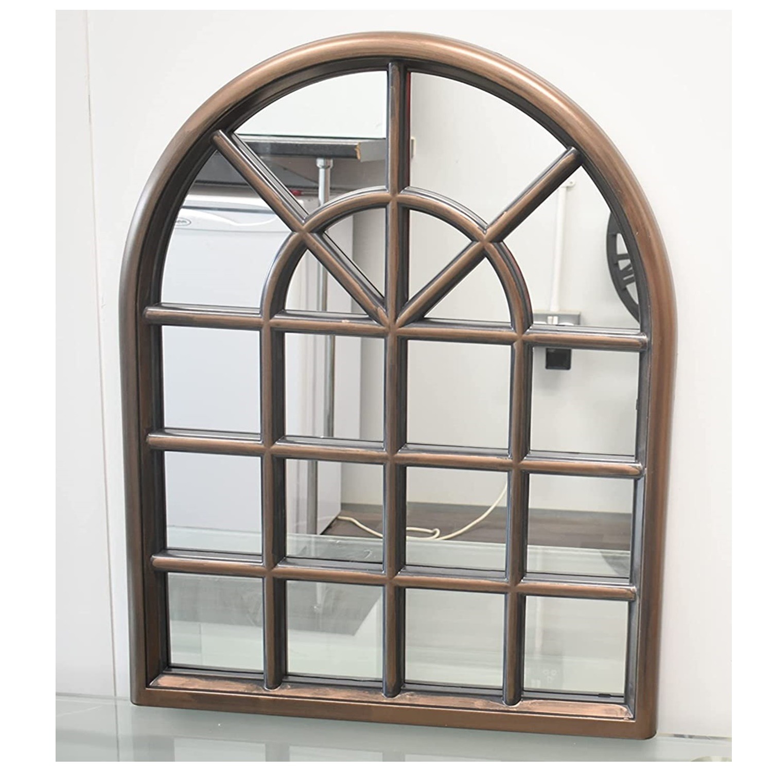 Brown Black Window Style Wall Mirror Arched Decoration Glass - Brown