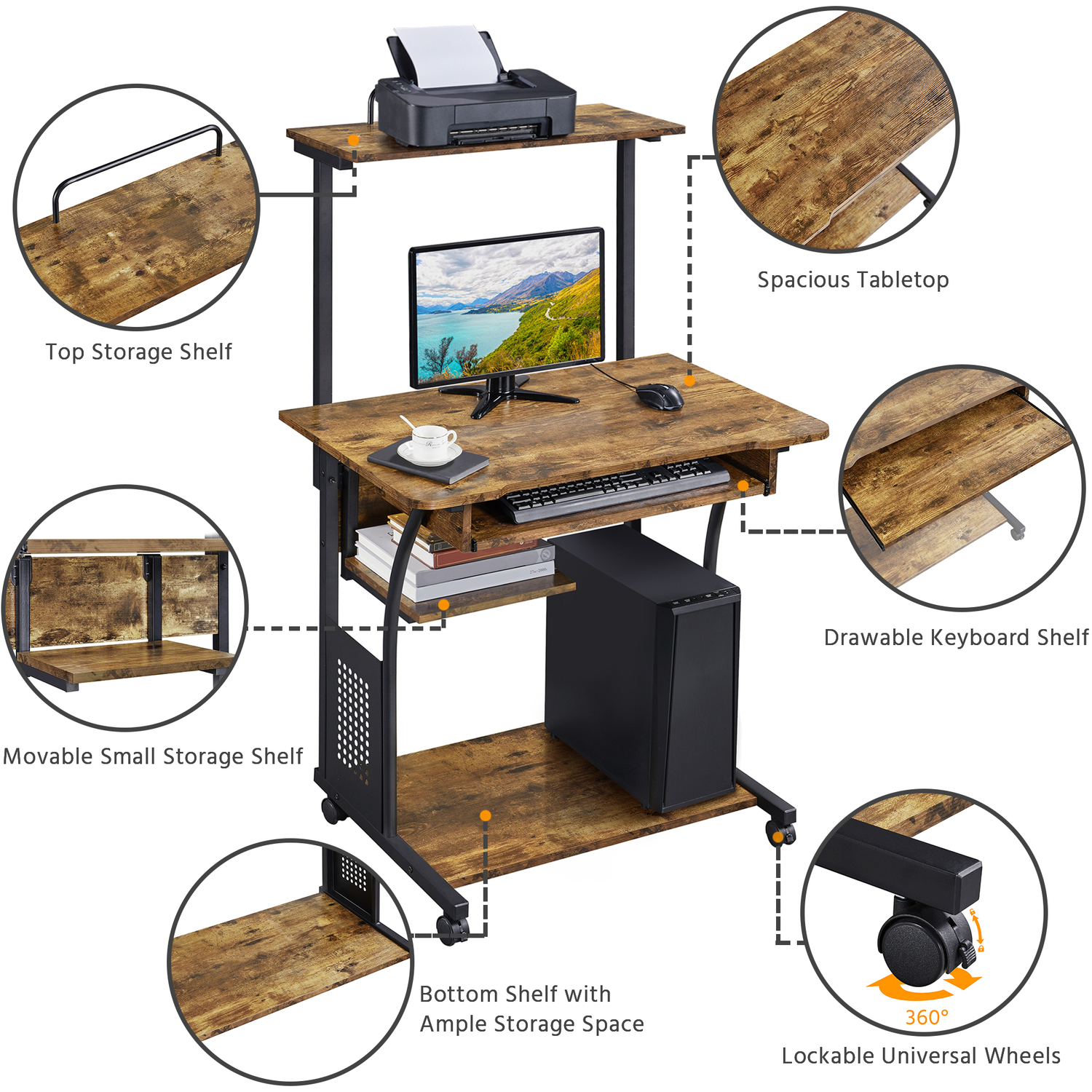 Yaheetech 3-tier Rolling Computer Desk With Shelf - Rustic Brown