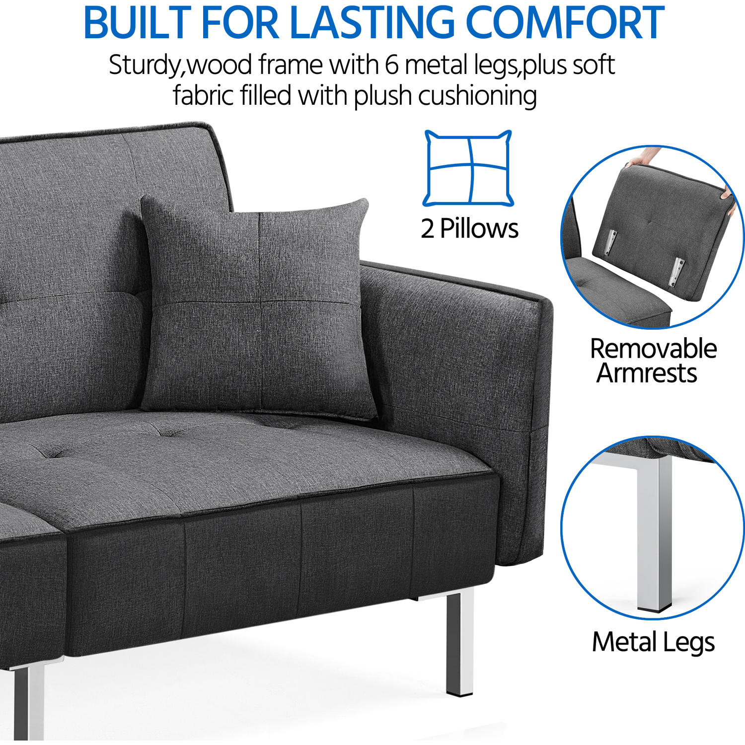 Yaheetech Convertible Sofa With 2 Pillows - Dark Grey