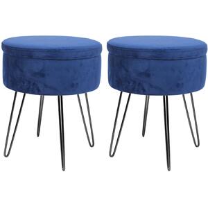 2x Round Velvet Storage Footstools - Black Hairpin Legs