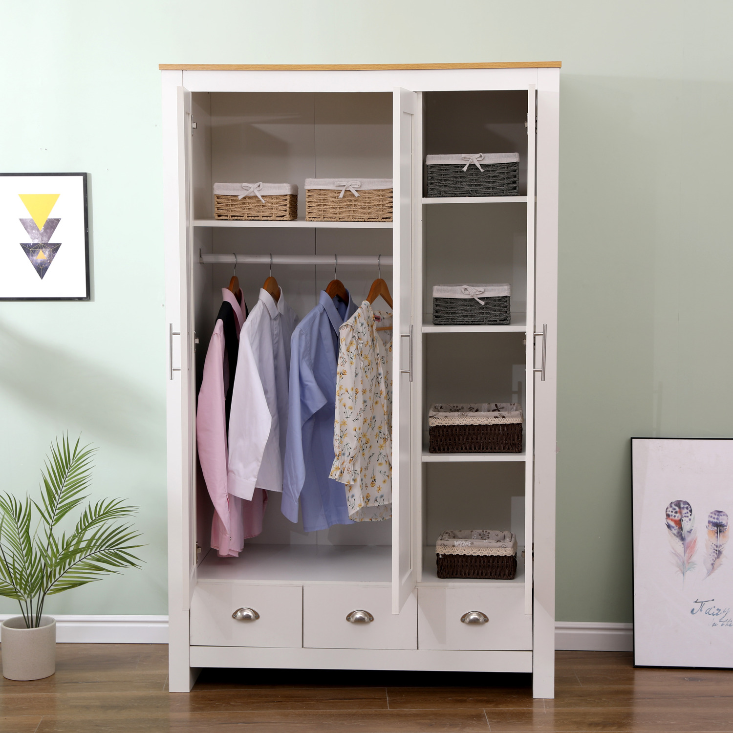 Hmd 3 Door 3 Drawer Wardrobe - White Oak