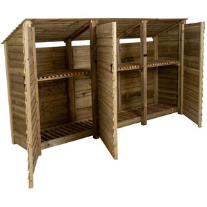 Triple Bay Wooden Log Store With Reverse Roof And Doors With Shelf