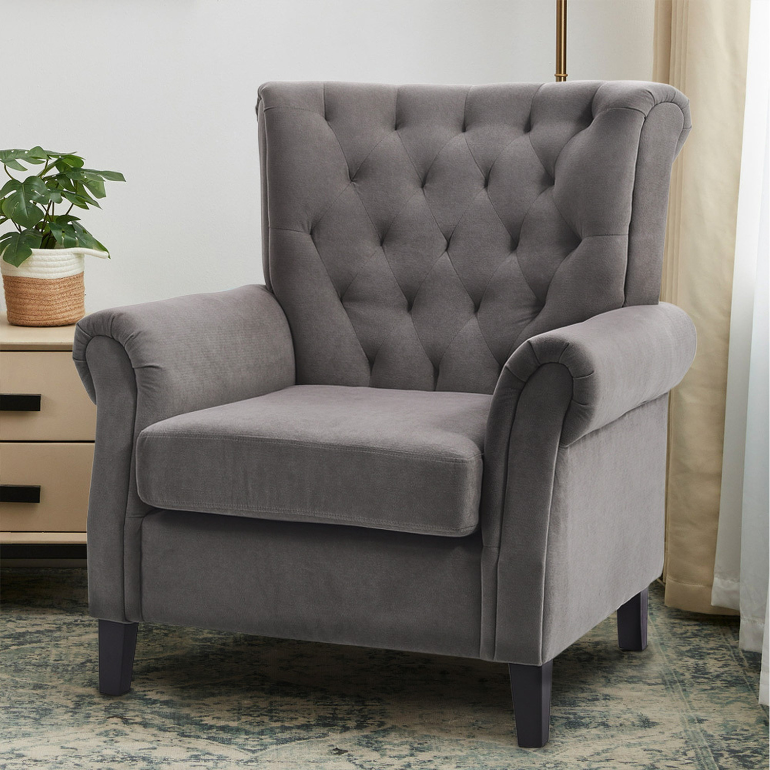 Tufted Upholstered Wingback Armchair - Grey