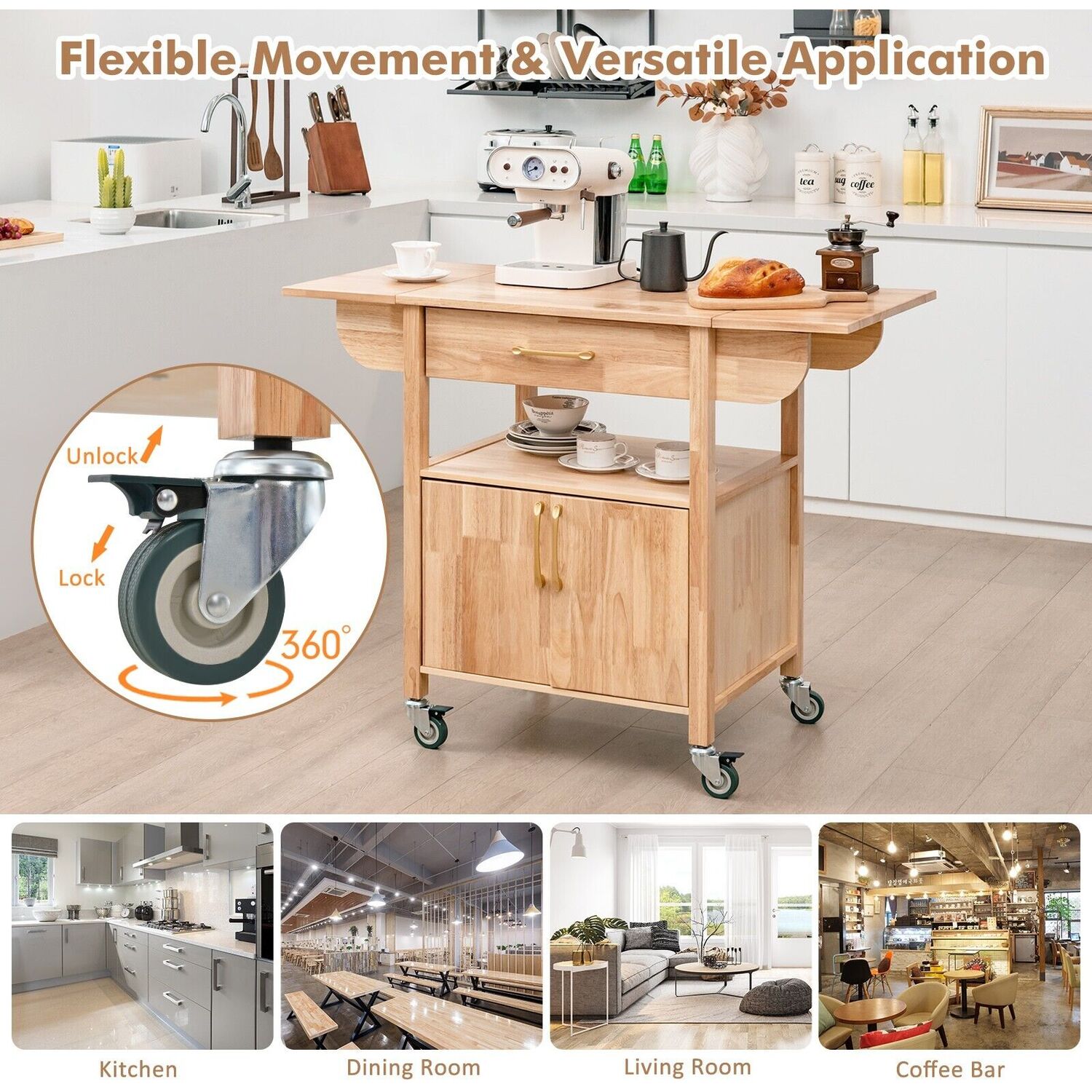 Drop Leaf Kitchen Storage Trolley - Natural
