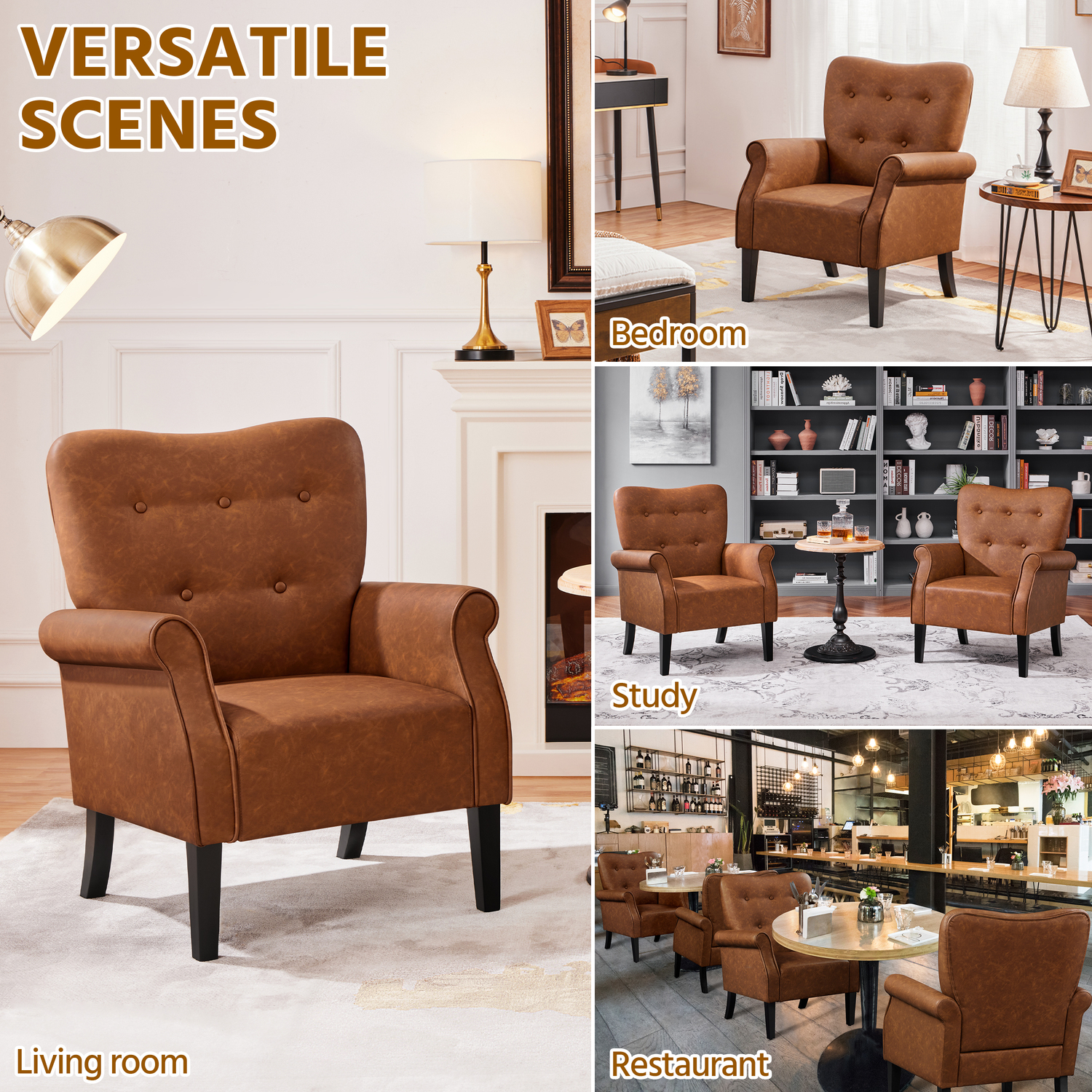 Mid-century Modern Faux Leather Accent Chair With Roll Arms - Retro Brown