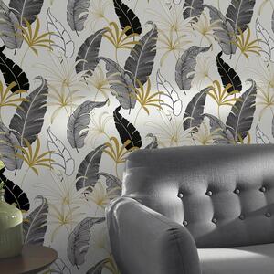 Floral Leaf White Gold Wallpaper