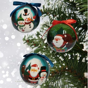12 Cute Christmas Bauble Set Boxed Santa and Friends Decoupage 75mm