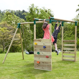 Wooden Single Swing Set with Climbing Wall and Monkey Bars - Solar