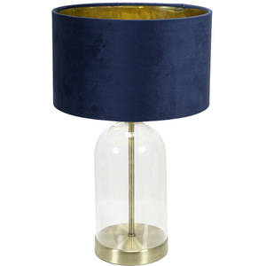 Jessy Glass with Gold Trim Table Lamp Navy Blue Velvet Gold Inner Shade and Bulb