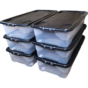 6 x 42L Clear Under Bed Storage Box with Black Lid, Stackable Design