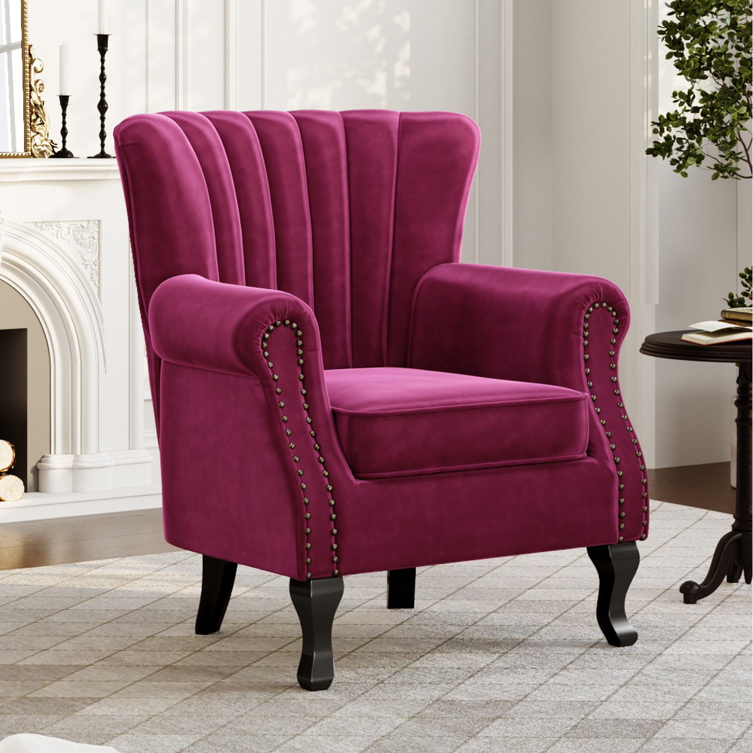 Velvet Armchair with Wingback and Studs Details