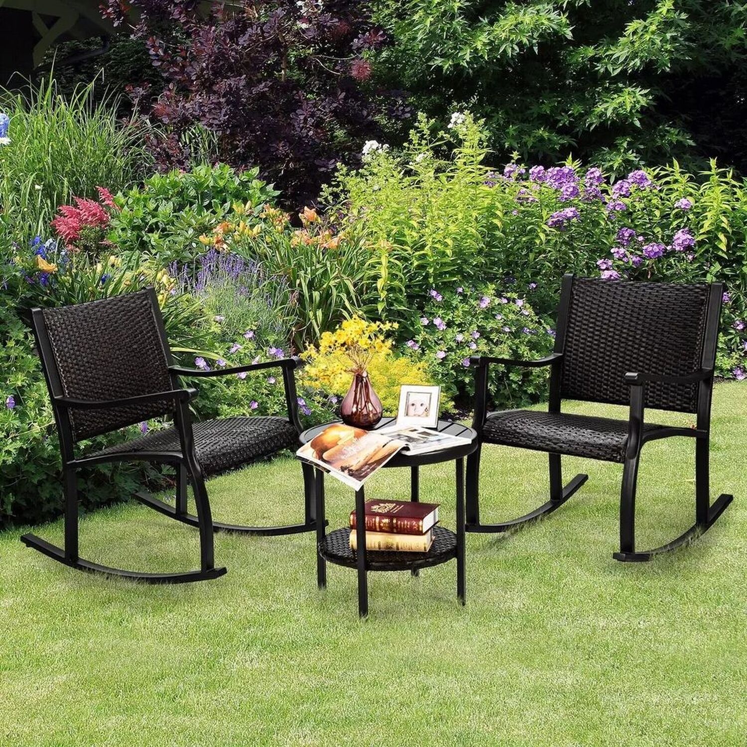 Rocking Bistro Set Outdoor Wicker Furniture Tempered Glass Coffee Table - Brown
