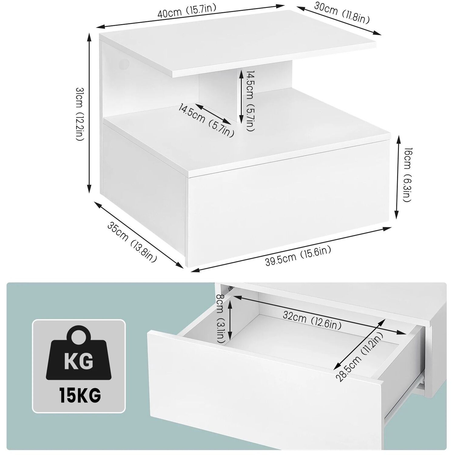 Wall Hanging Bedside Table With Drawer - White