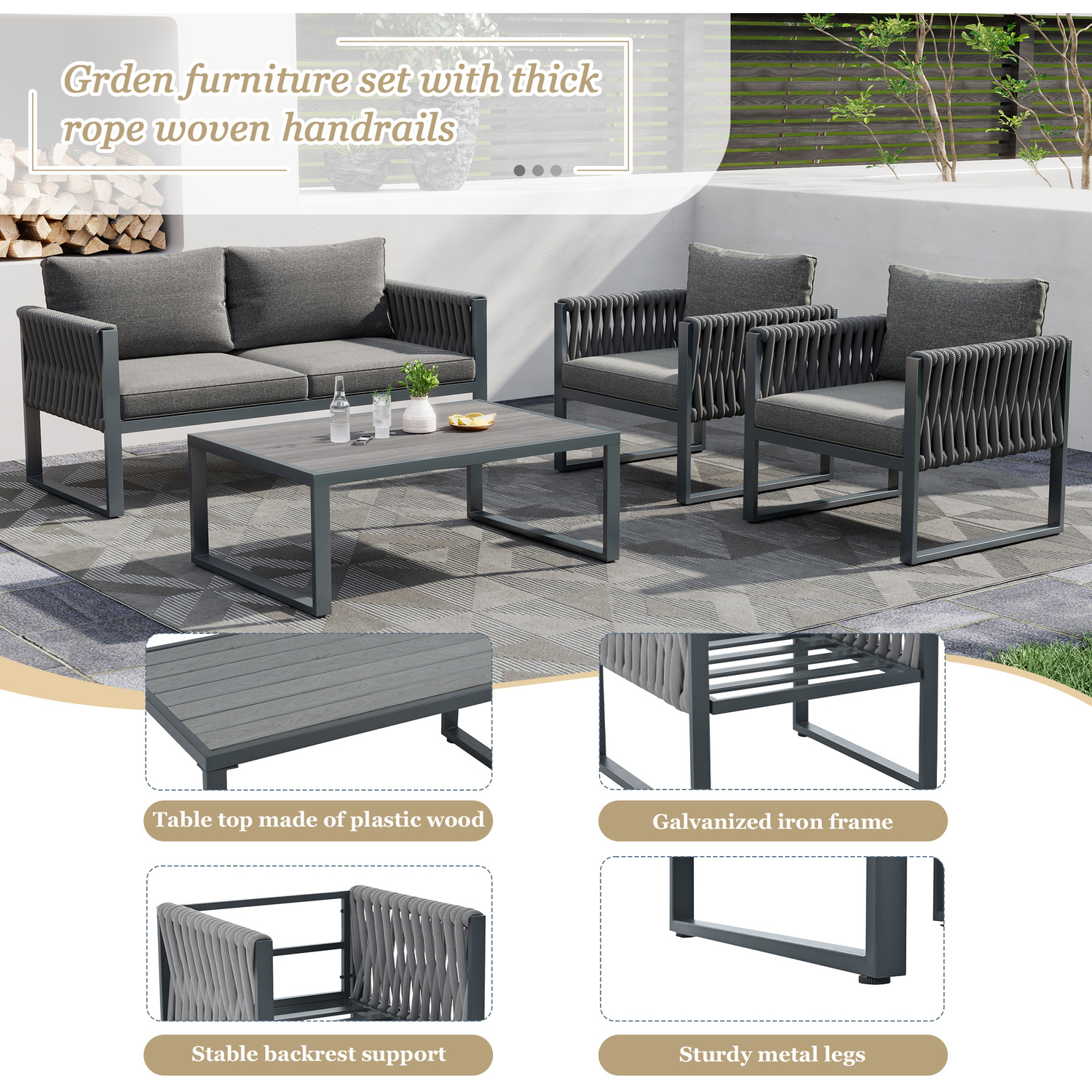 Outdoor Garden Furniture Set With Coffee Table - Grey