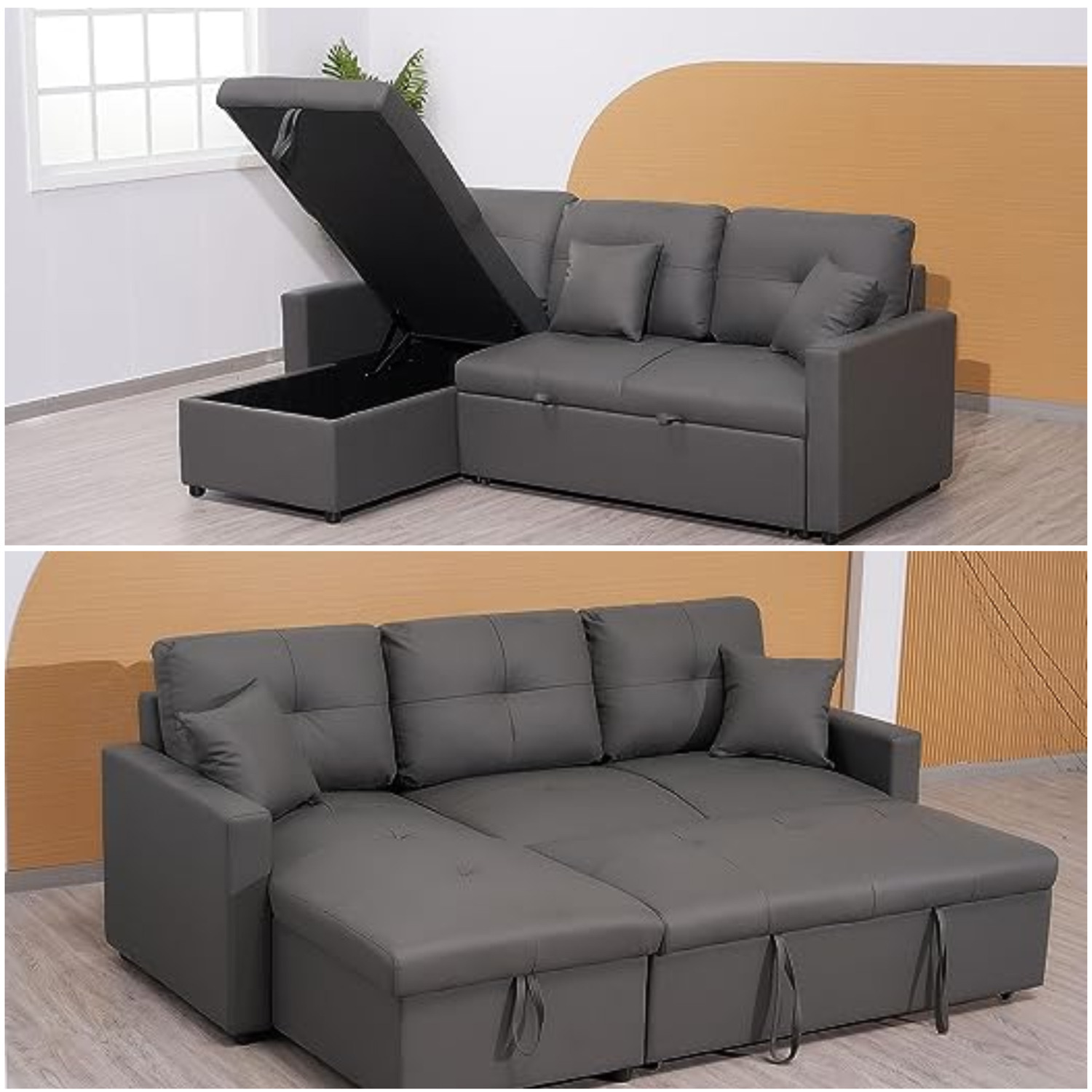 Myna Faux Leather L Shaped Corner Sofa Bed - Grey