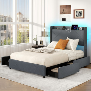 Upholstered Platform Bed with Charging Station