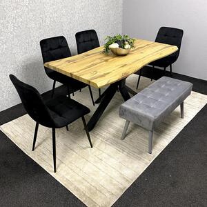 Wood Dining with 4 black Velvet Chairs and Grey Velvet Bench