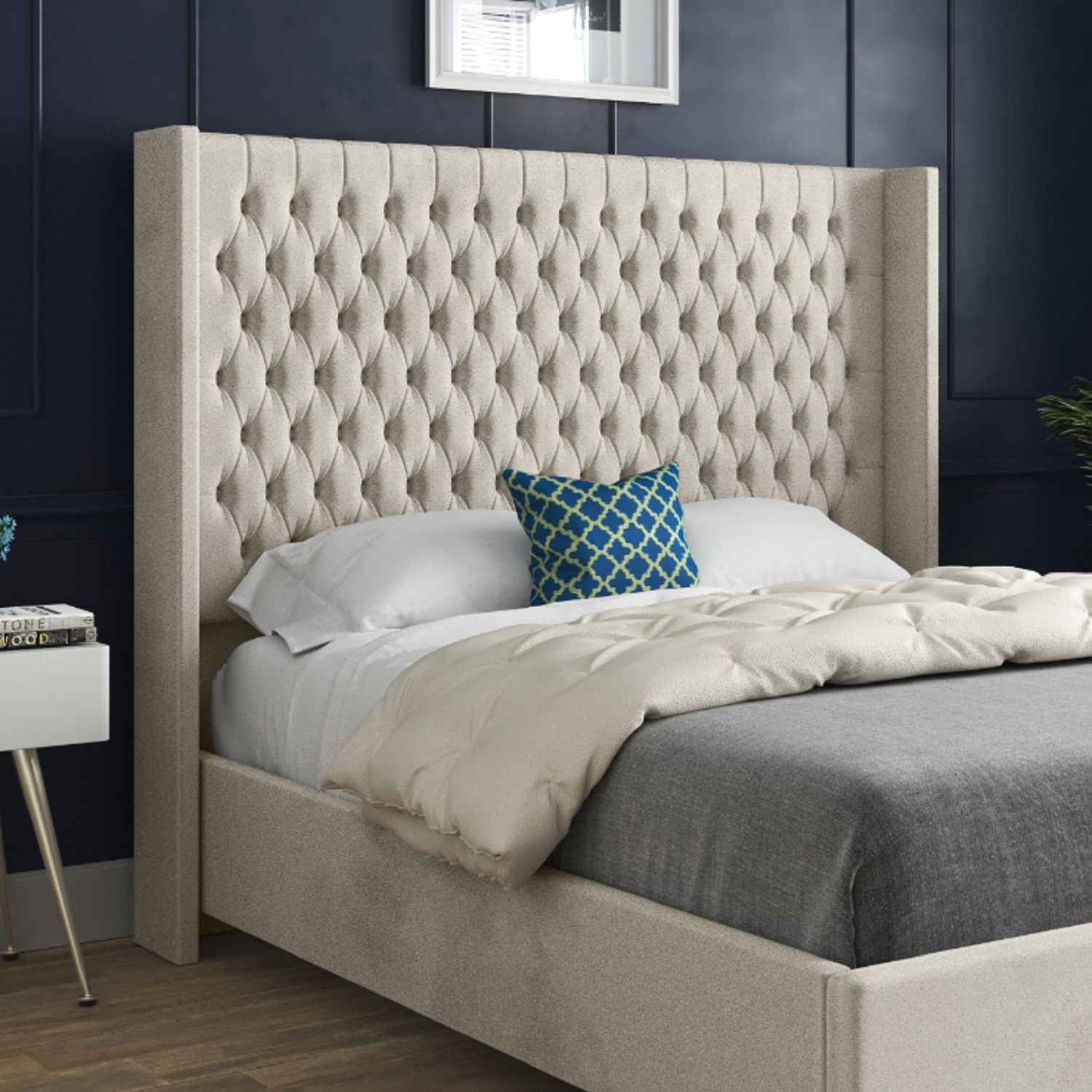 Serenova Soft Velvet Upholstered Straight Winged Bed Frame - Cream King