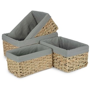Thatch Grass Woven Storage Basket with Grey Cotton Lining