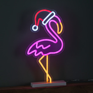 Neon Effect Flamingo with Santa Hat on Base with Multi-Coloured LEDs