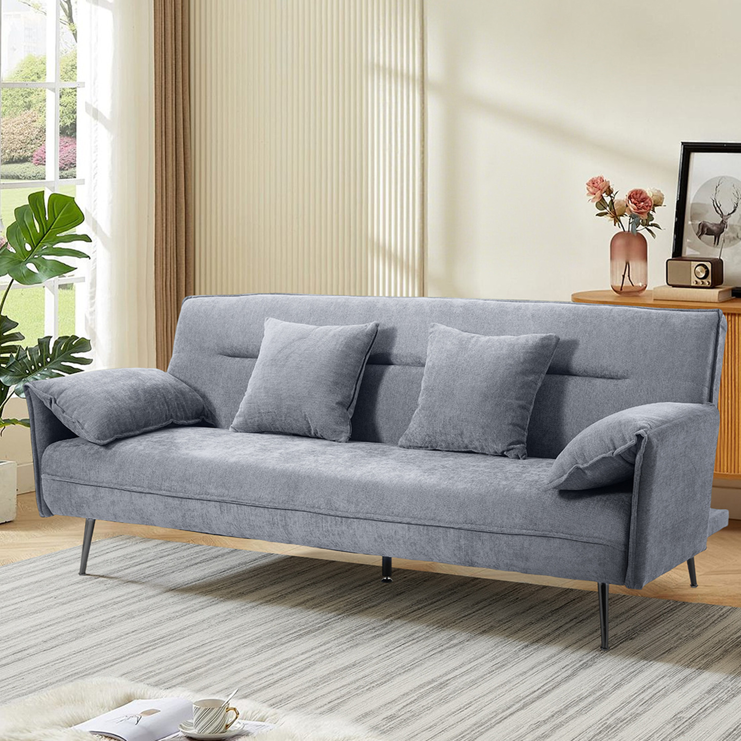 Livingandhome 3 Seater Contemporary Convertible Sofa Bed With 2 Pillows - Grey